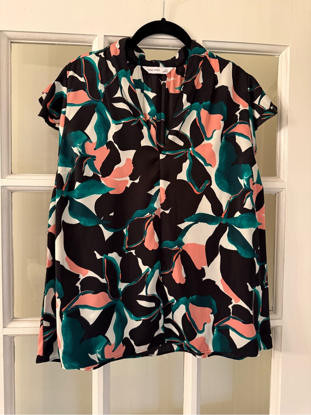 Nine West XL Abstract Floral Blouse Black Teal Coral Short Sleeve